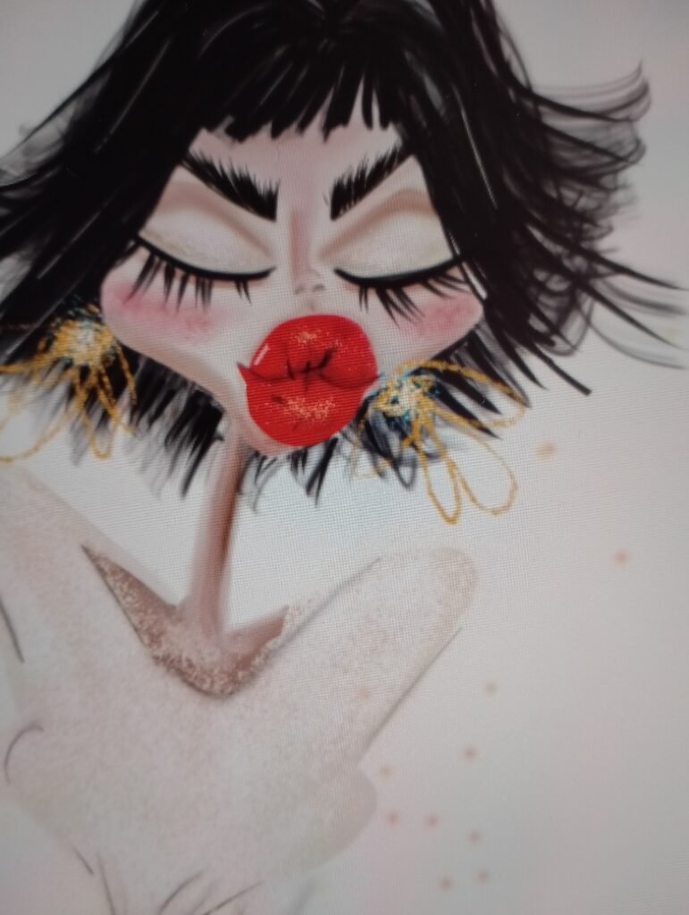 Ilustración de moda mujer elegante con labios rojos y pendientes de flores